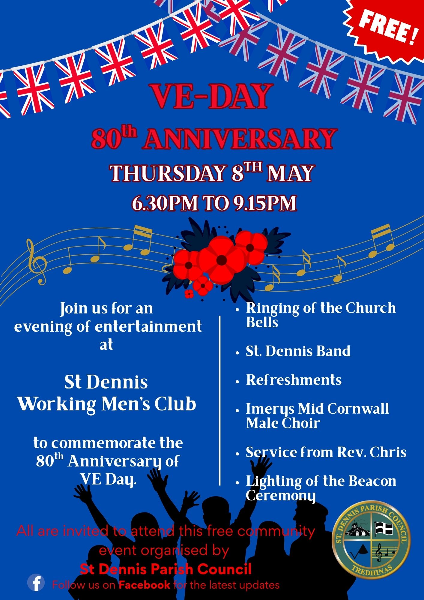 VE Day 80th Anniversary poster with Union Jack flag bunting, red poppies, gold music notes and a silhouette of people celebrating, all on a blue background. Red and white text providing details as per the article.